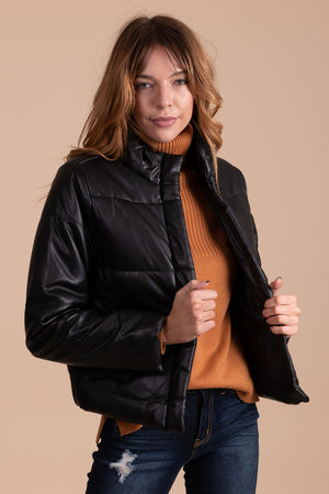 black puff coat faux leather