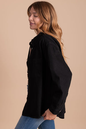 boutique women's black button front denim jacket