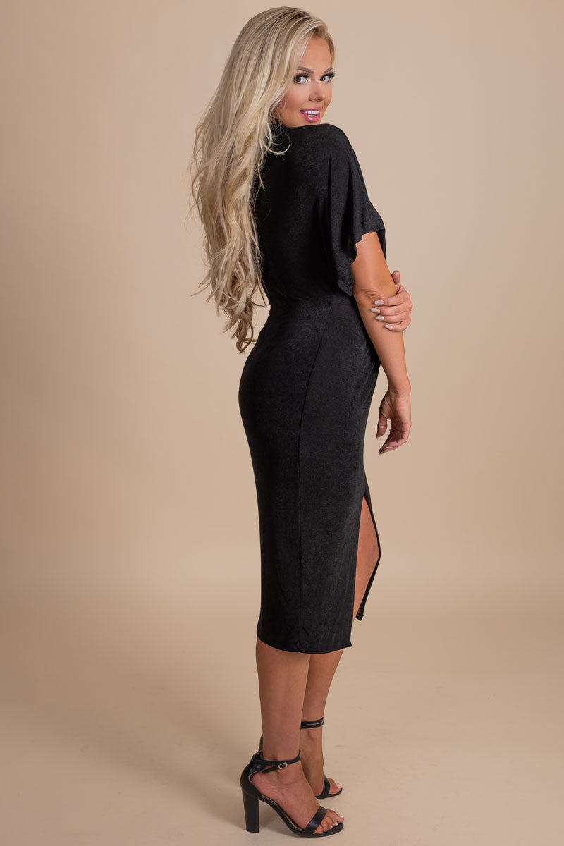 Midi length black dress for women with short flutter sleeves