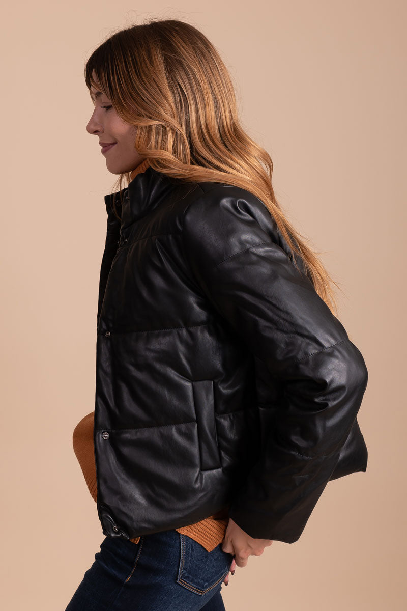 faux leather puff jacket in black