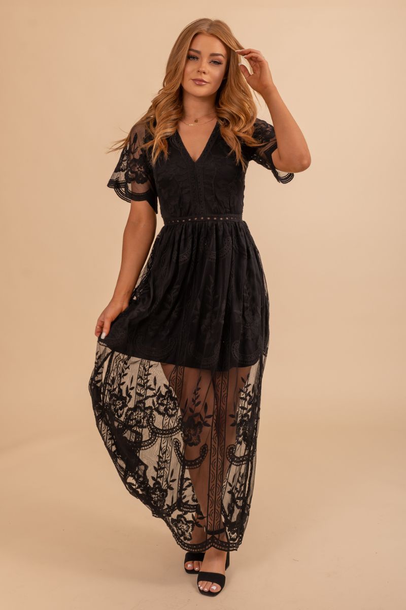 black lace sheer v neck short sleeve dress