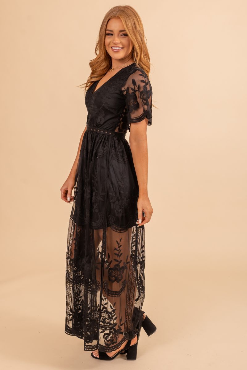 Black Sheer Lace Overlay Top with Frill Cuffs
