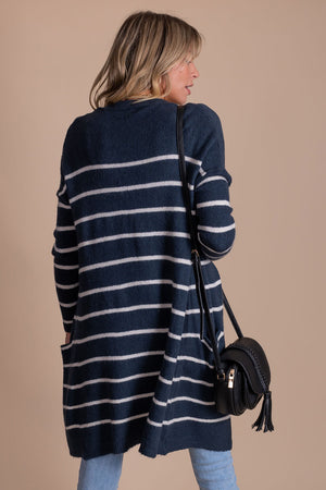 striped knee length blue cardigan with pockets for fall