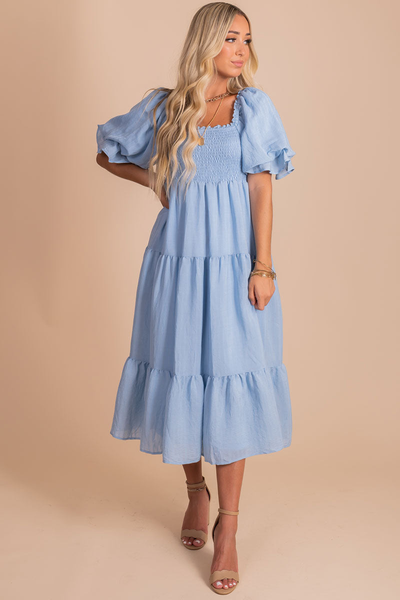 women's ruched tiered puff sleeve blue maxi dress