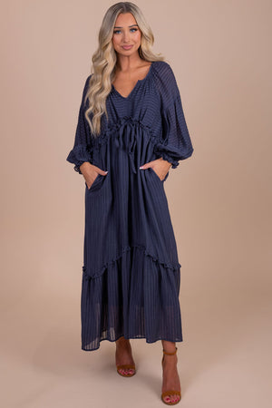 women's dark blue long sleeve maxi dress