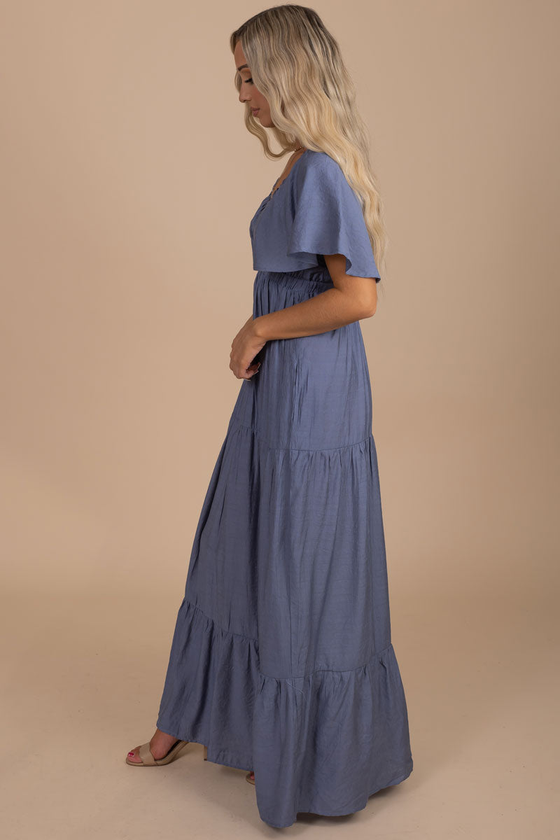 women's blue tiered dress for special occasions