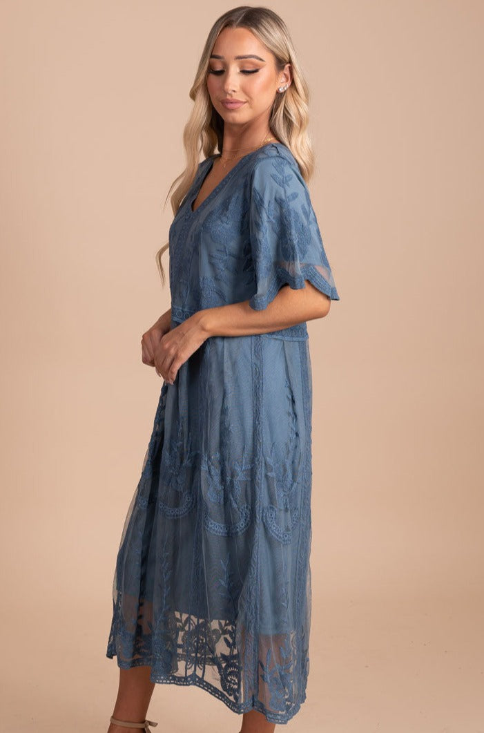 Blue Lace Midi Dress for Women
