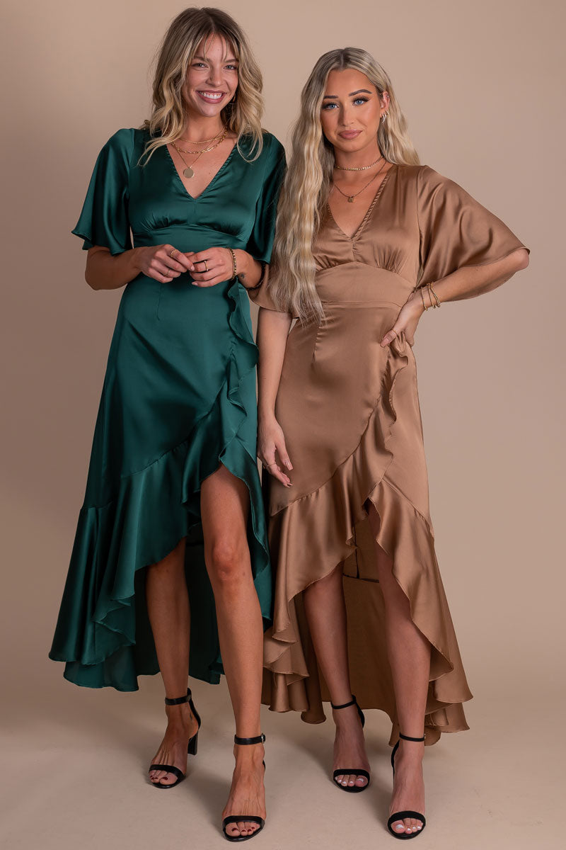 boutique dark green and shimmery gold maxi dresses for special occasion
