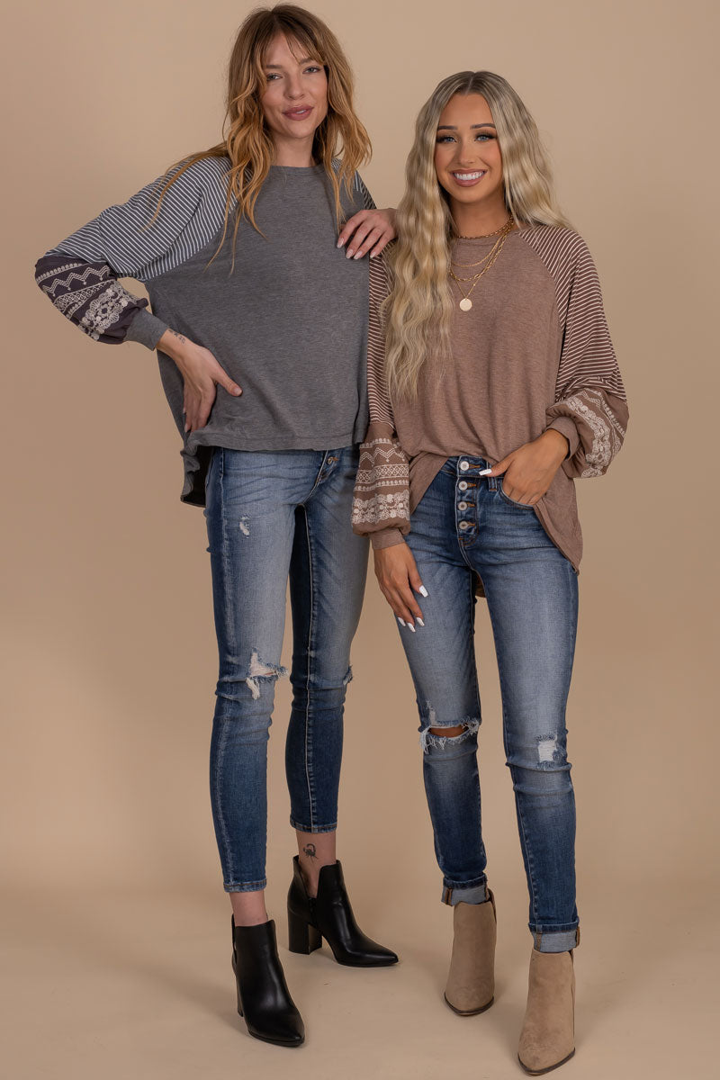 boutique brown and gray fall and winter long sleeve shirts