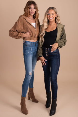women's light brown and green cropped corduroy jackets