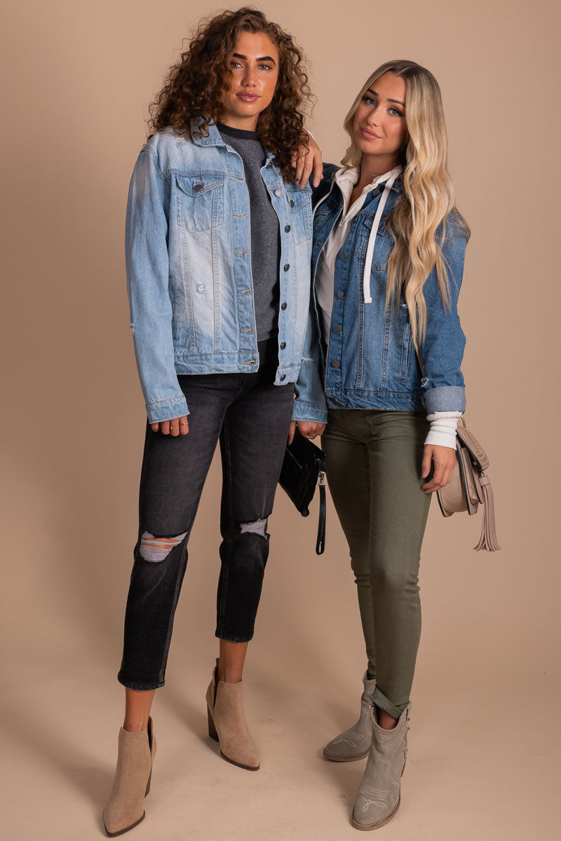 Light jean jacket on sale with black jeans