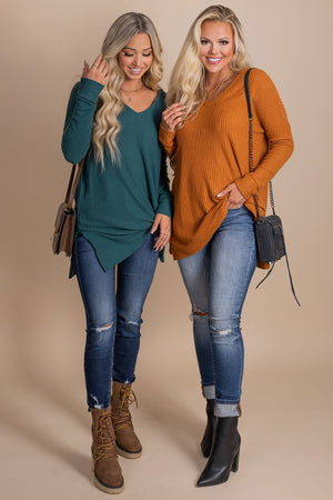 women's orange and green waffle tops for fall and winter