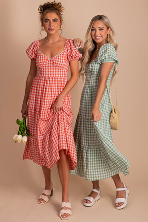 Women's Gingham Print Midi Dresses in Red and Green