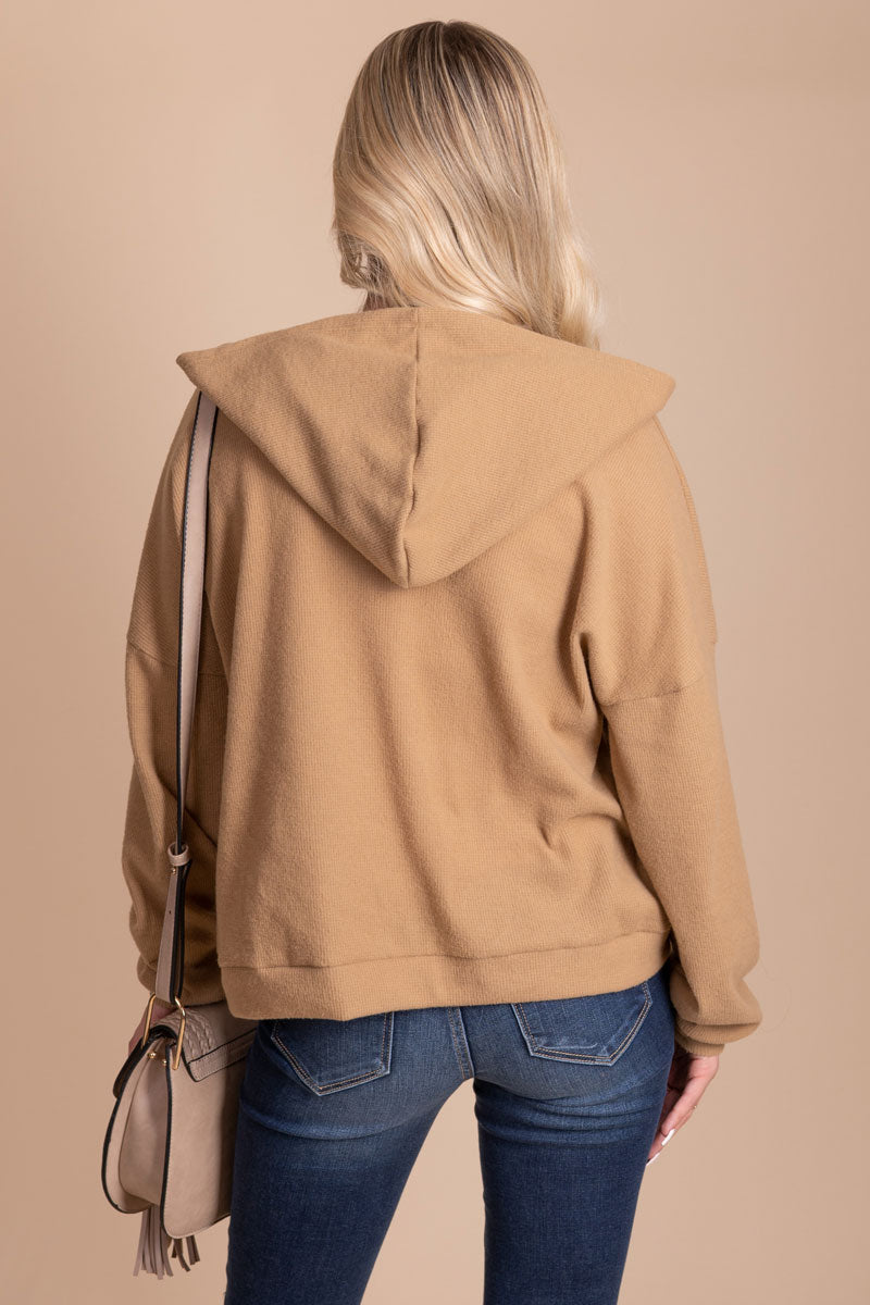 textured hooded v-neck sweater for women