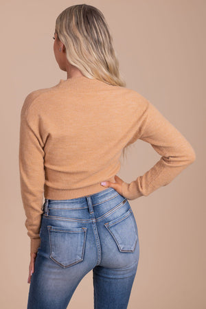 boutique light brown long sleeve cropped wrap top