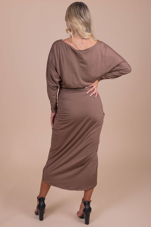boutique light brown long sleeve midi dress for fall and winter