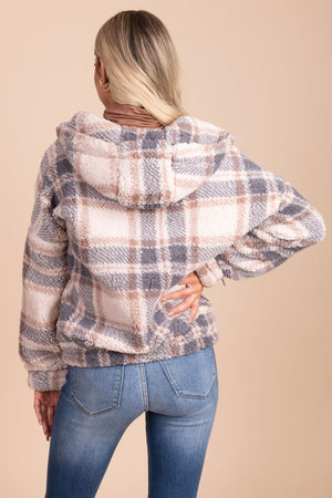 women's sherpa pullover with plaid design