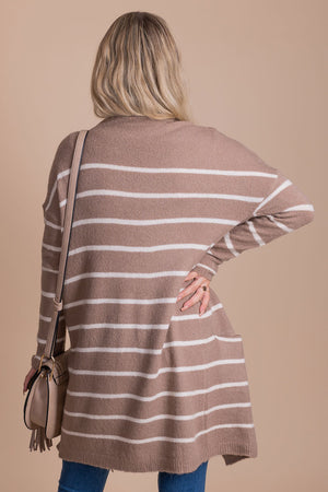 women's boutique light brown striped cardigan for fall