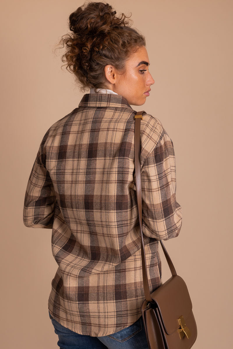 Women's Plaid Button-Up in Brown For Fall