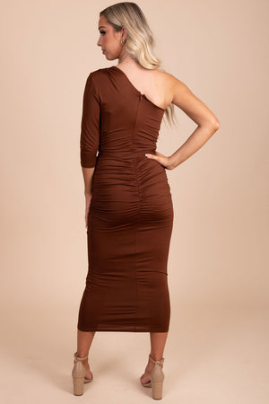 women's dark brown one-shoulder midi dress for formal occasions