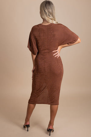 form fitting midi dress for special occasions in camel brown