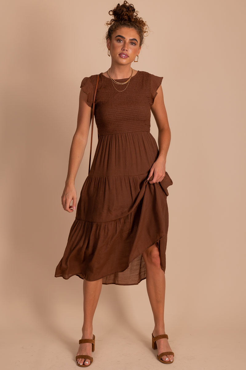Brown Tiered Midi Length Dress for Women