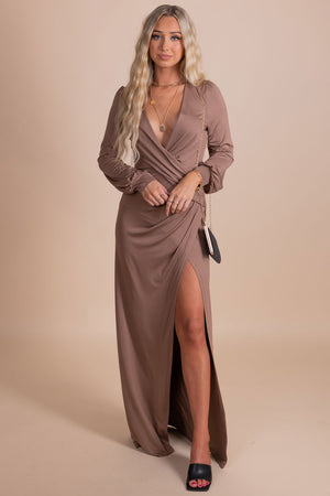 women's boutique light brown long sleeve maxi dress