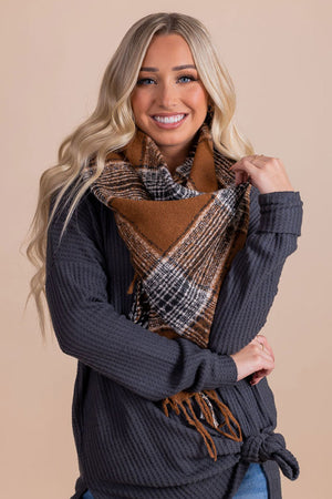 women's boutique brown and white plaid scarf