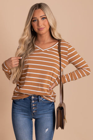 boutique striped long sleeve v-neck top for any season