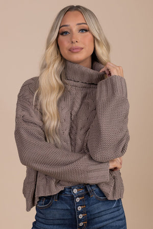 boutique women's dark brown cable knit turtleneck sweater