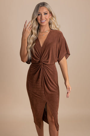 Brown midi dress with ruched front