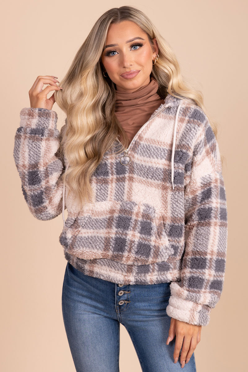 women's boutique plaid sherpa pullover