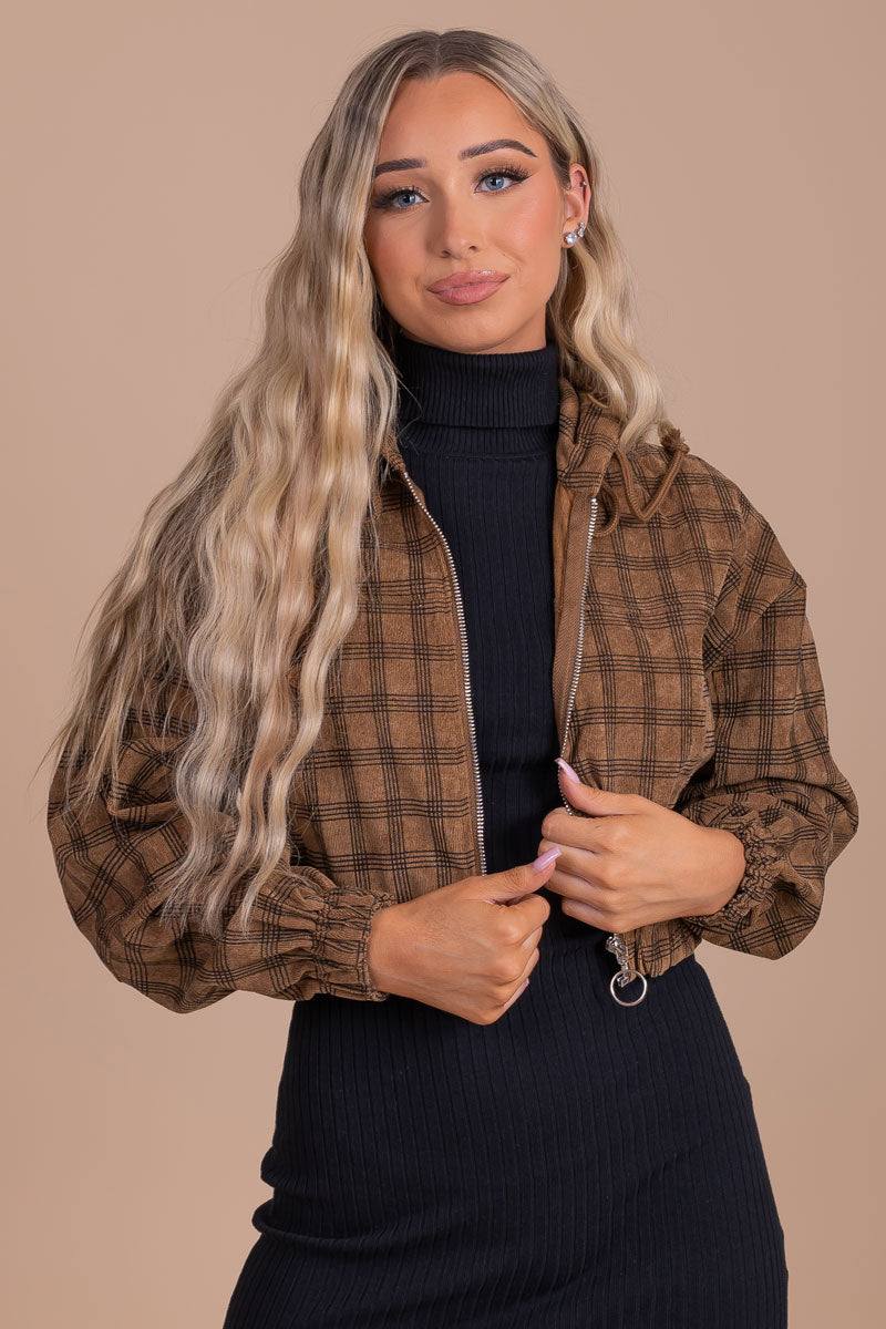 women's boutique dark brown long sleeve cropped zip up jacket