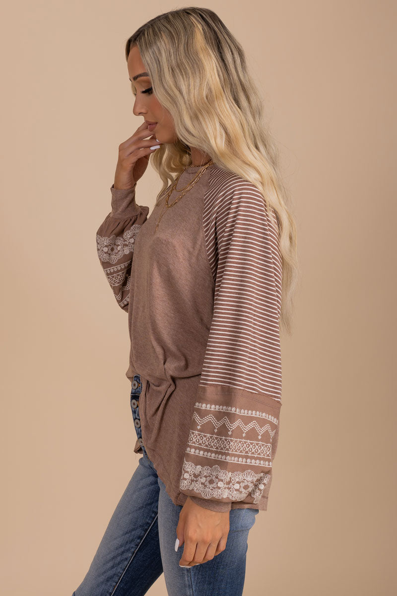 boutique women's striped brown top for fall and winter