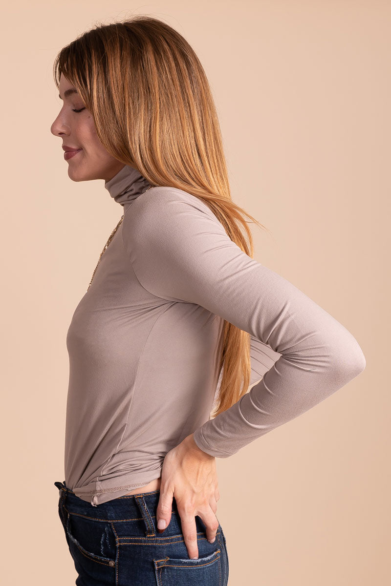 Taupe High Neck Long Sleeve Top For Women