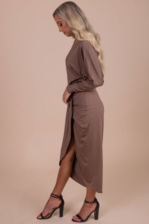 light mocha brown faux wrap midi dress with long sleeves