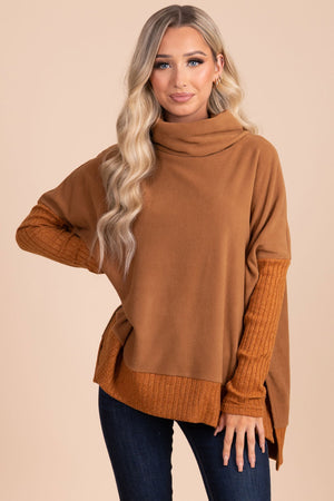 boutique light brown ribbed turtleneck sweater for fall and winter
