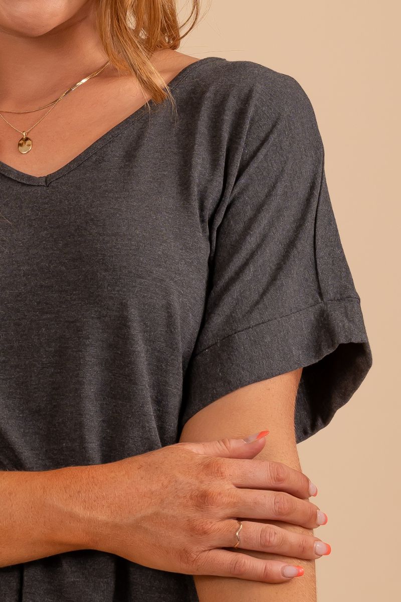 women's v-neck short sleeve charcoal top