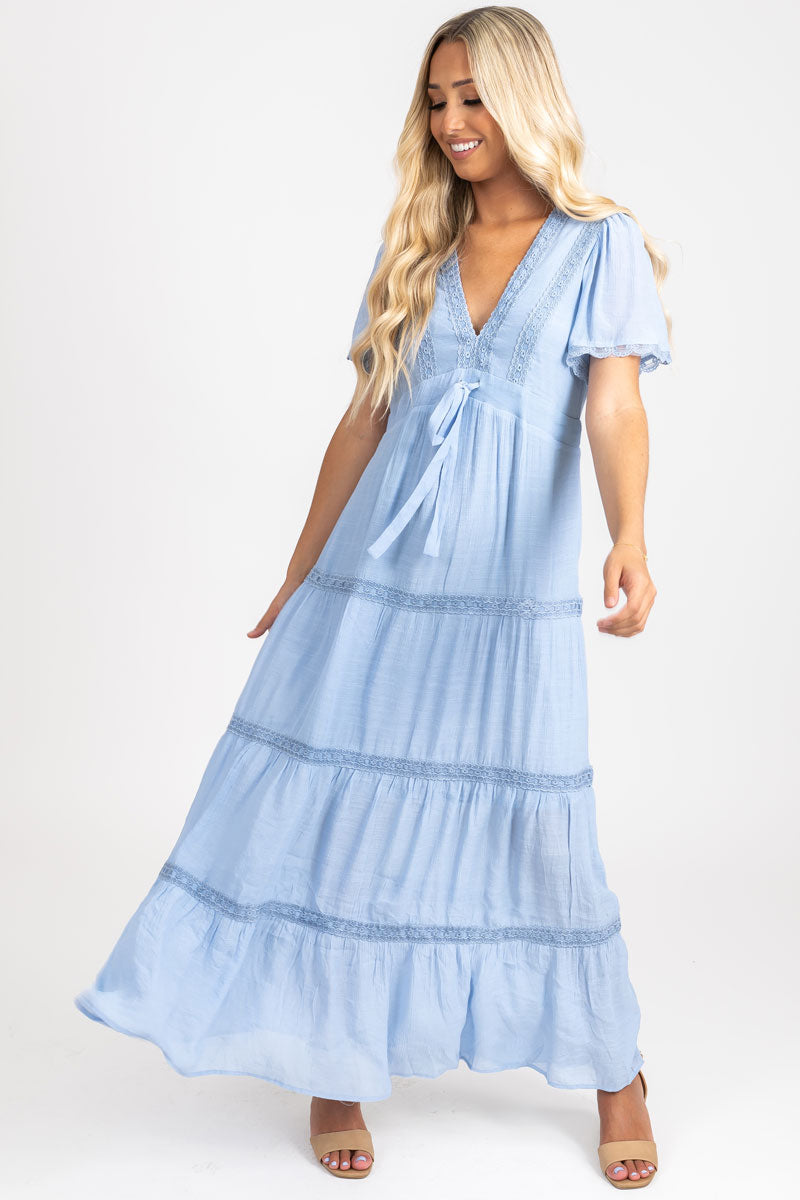 Women's Blue Tiered Dress with Lace Trim and V Neck