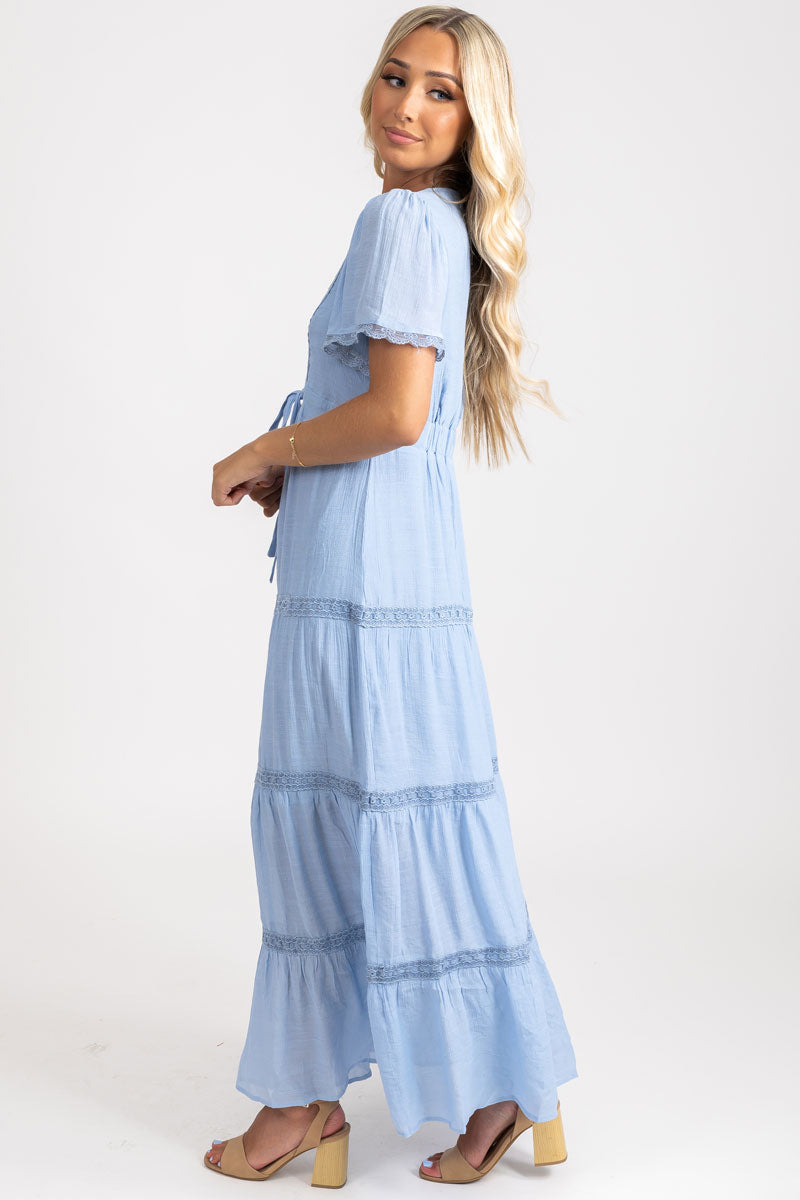 Women's Short Sleeved Maxi Dress with Lace Tiers