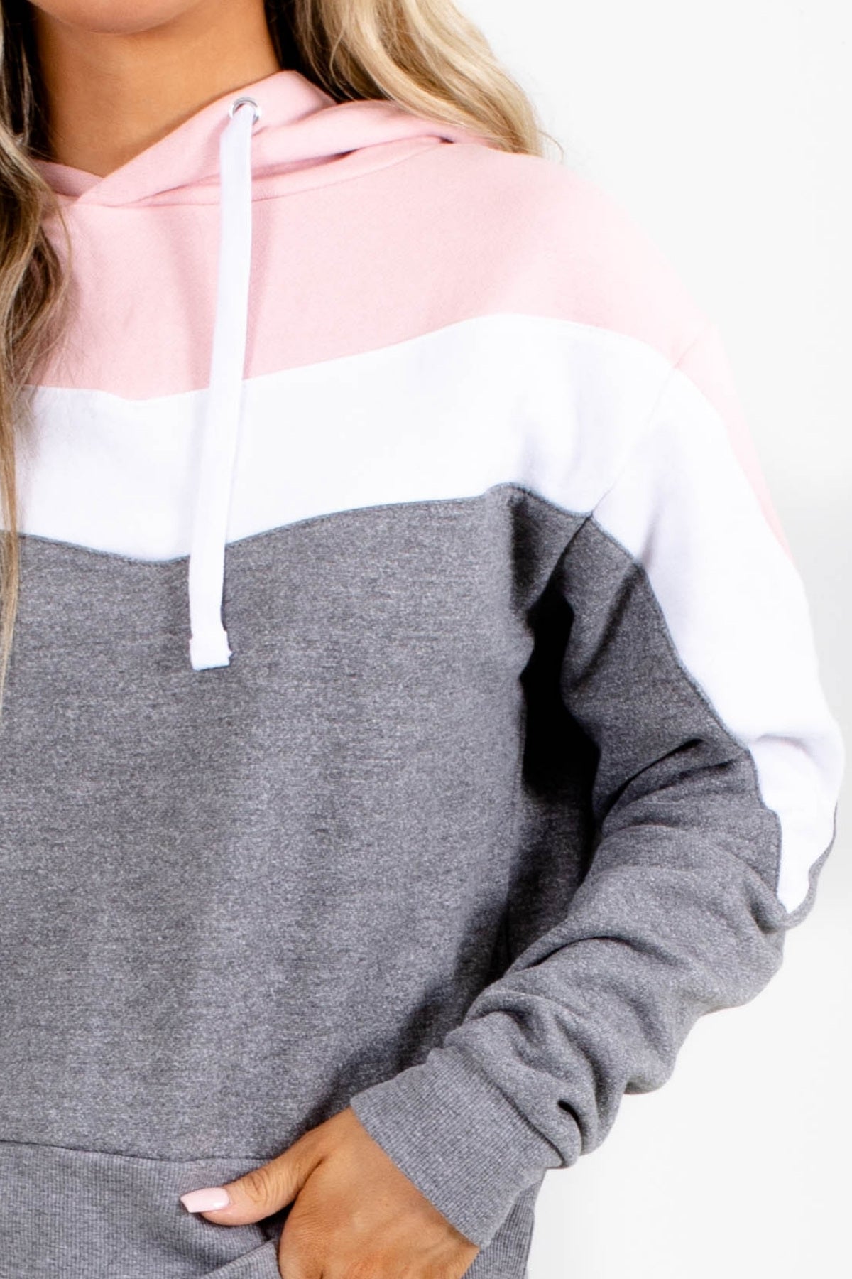 Boutique Colorblock Hoodie in Blush, White, and Gray