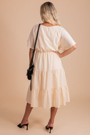 short sleeve cream tiered skirt midi dress