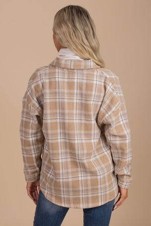 Plaid Button-Up in Light Brown for Women