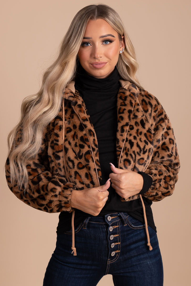 women's dark brown animal print long sleeve drawstring hooded jacket