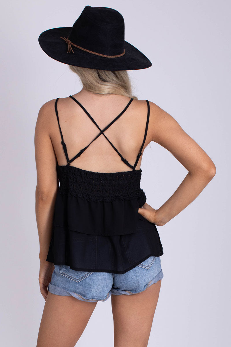 women's boutique black lace strappy criss cross cut out detail tank top