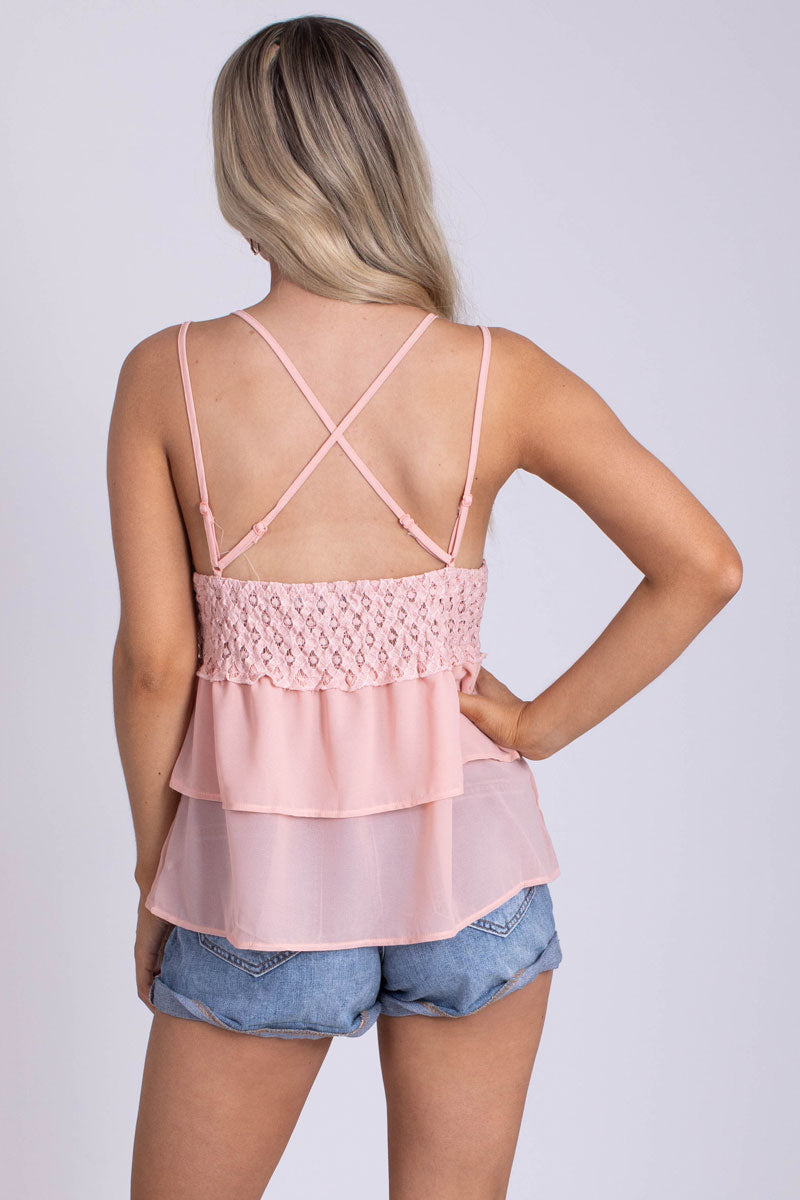 women's pink lace tank top for summer with tiered details