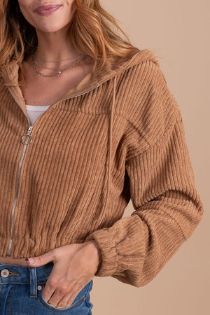 women's corduroy cropped long sleeve zip up jacket