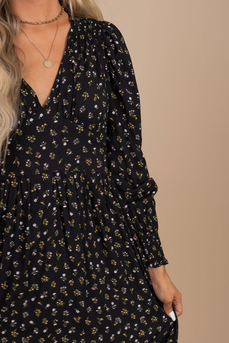 boutique women's long sleeve v-neck long sleeve floral print black midi dress for any occasion