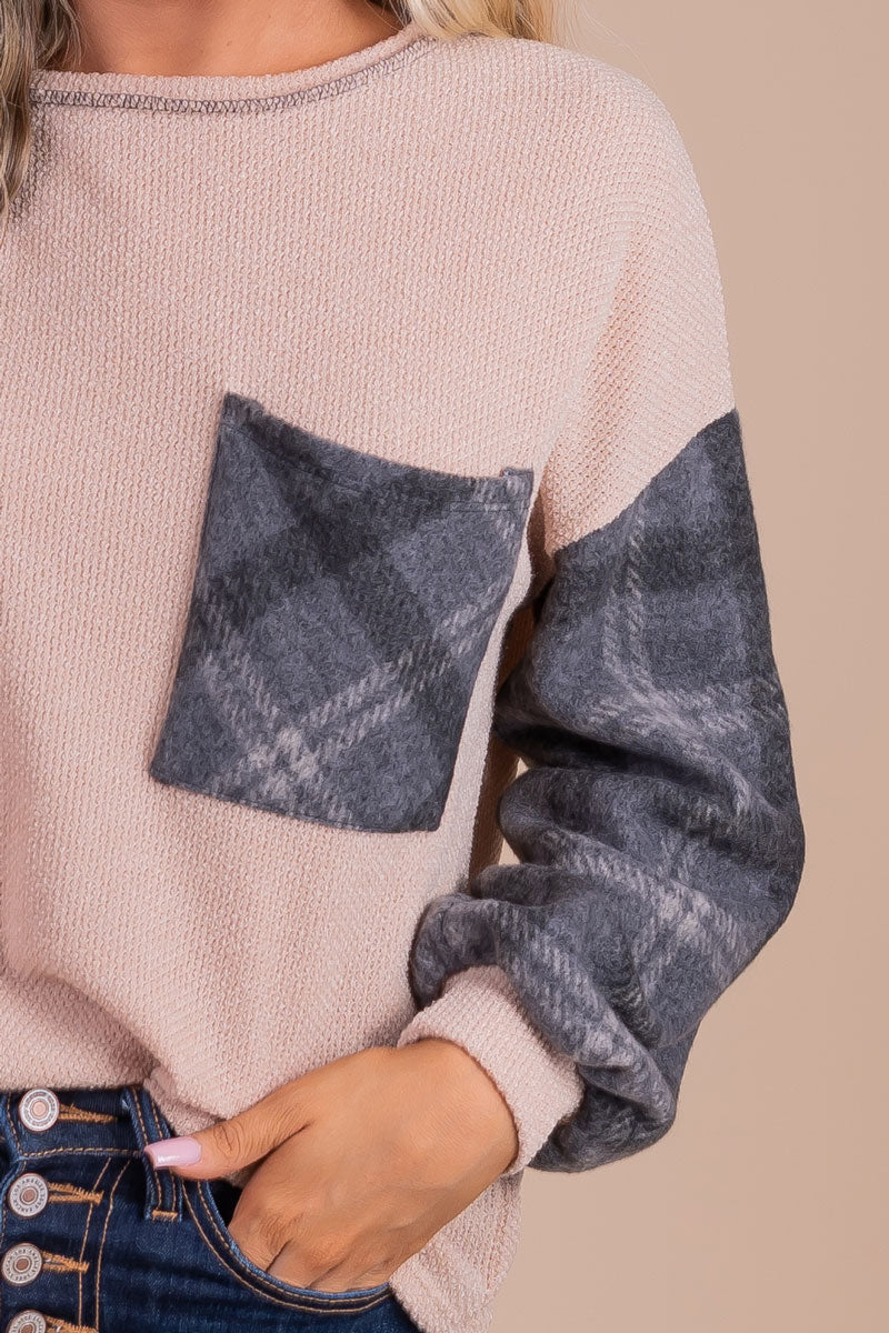 women's long sleeve plaid textured knit sweater