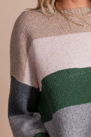 boutique green, gray, and brown striped fall sweaters